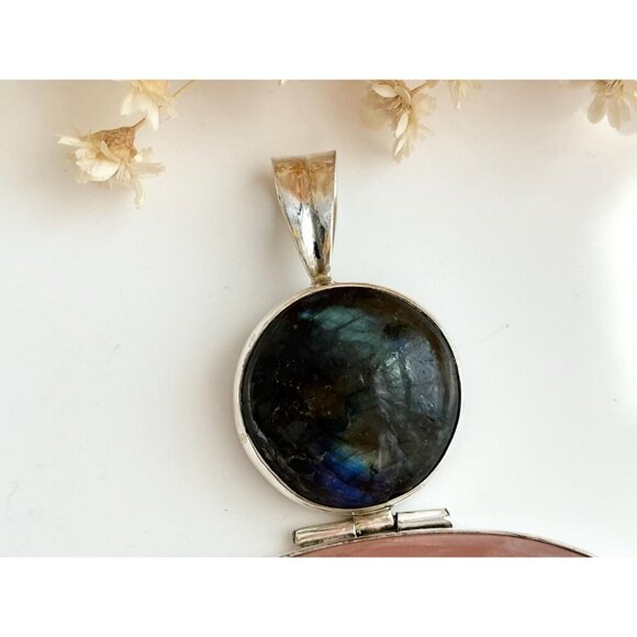 Rose Quartz & Labradorite Semi-Precious Gemstone Sterling 925 Vintage Pendant - Picture 3 of 10